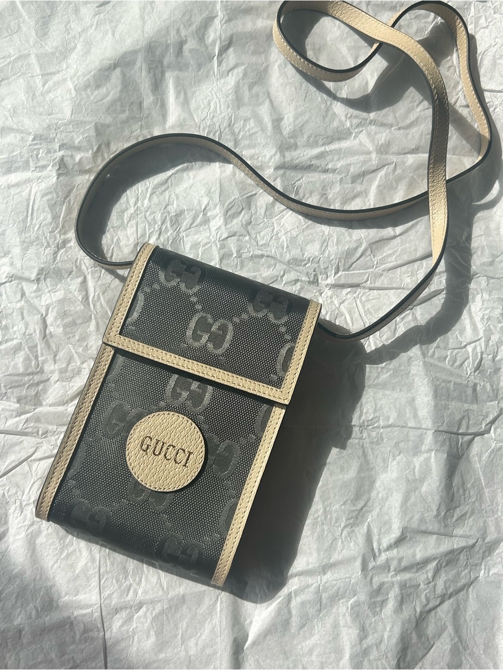 NWT Authentic Gucci Flap Nylon GG Cell Phone Crossbody Purse Gray